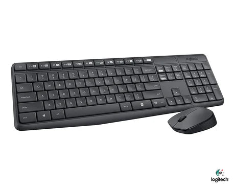 Wireless Logitech MK235 keyboard and mouse set with full-size keys and ergonomic design, suitable for home or office use.
