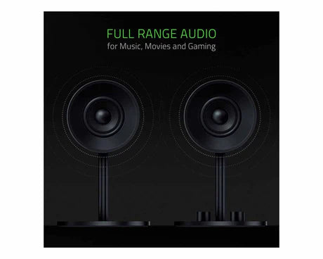 Razer Nommo 2.0 PC speakers with sleek black design and dual speakers on a desk setup.