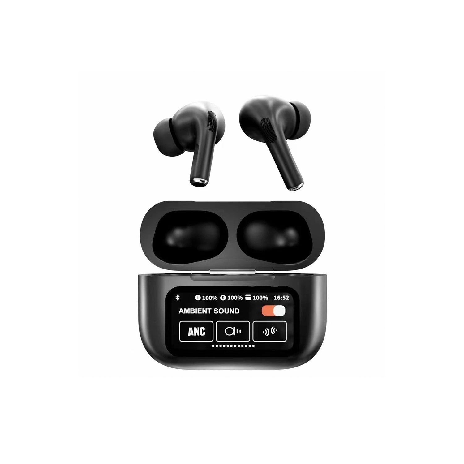 Black Prime Tech Store A9 Pro Apple AirPods with ANC, ENC, touch control, Bluetooth 5.4 earbuds in charging case.