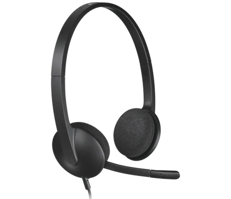 Logitech H340 USB headset with adjustable headband and noise-canceling microphone, designed for clear online communication.