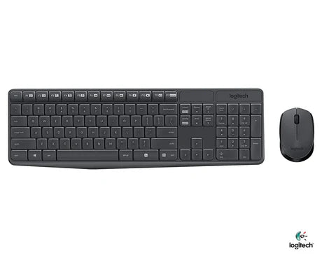 Wireless Logitech MK235 keyboard and mouse set with compact design, black keys, and ergonomic features for comfortable use.