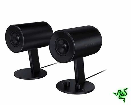Razer Nommo 2.0 PC speakers with sleek black design and compact size, featuring dual speaker units on a flat surface.