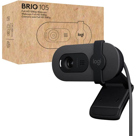 Prime Tech Store Logitech Brio 105 Full HD Webcam showing front view with adjustable lens and built-in microphone.