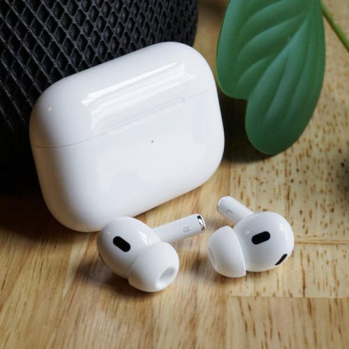 Apple AirPods Pro 2 wireless earbuds with charging case in white, shown in original packaging, by Prime Tech Store.