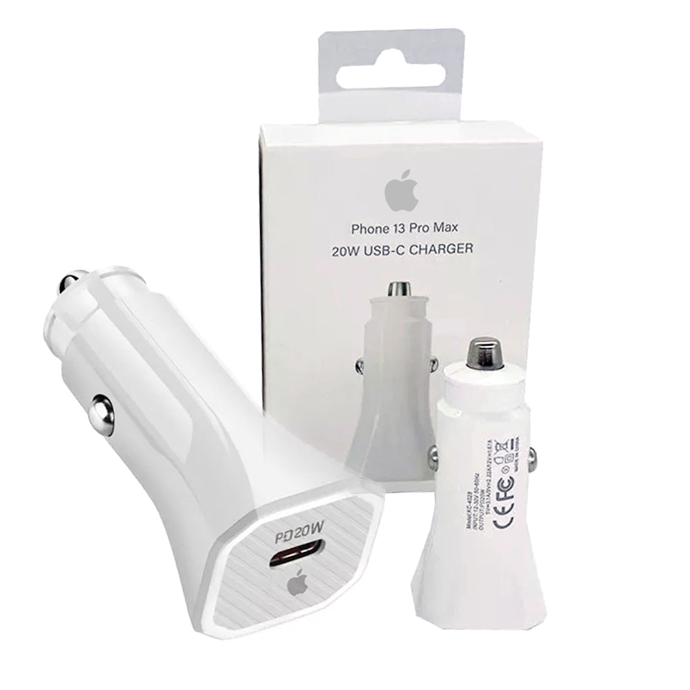 Prime Tech Store USB-C 20W iPhone car charger plugged into a vehicle's power outlet with a connected charging cable.
