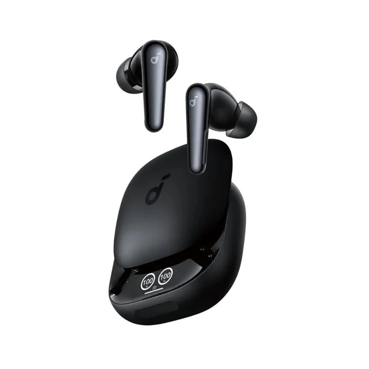 Anker Soundcore Liberty 4 Pro true wireless earbuds with ergonomic design and charging case, black in color.