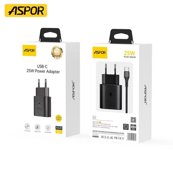 Aspor A820eu 25W USB-C fast charging power adapter with compact design and sleek white finish.