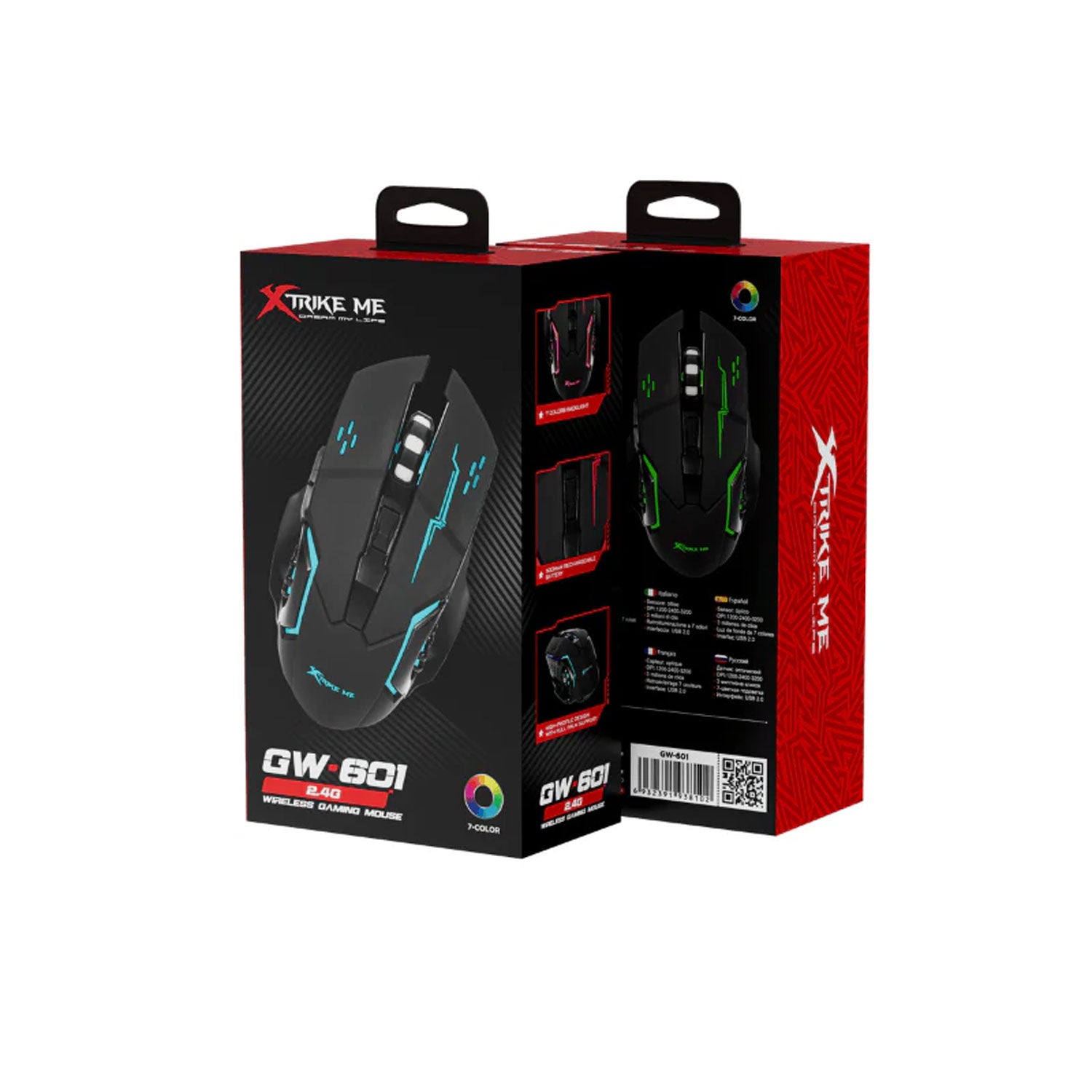 Prime Tech Store Xtrike Me GW-601 wireless gaming mouse with 6D buttons, 3200 DPI, RGB lighting, rechargeable for gamers.