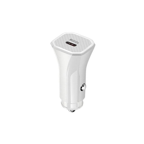 Prime Tech Store USB-C 20W iPhone car charger plugged into a vehicle's cigarette lighter socket.