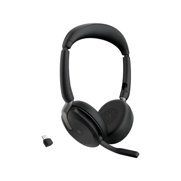 Prime Tech Store Jabra Evolve2 65 Flex stereo wireless headphones with over-ear design and adjustable headband on a black background.