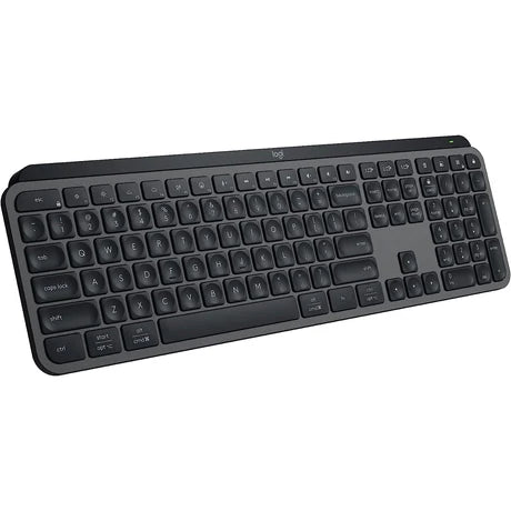 Logitech MX Keys S wireless illuminated keyboard in graphite color with backlit keys on a sleek workspace.