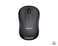 Wireless Logitech B175 mouse with ergonomic design and USB receiver, shown on a sleek surface.