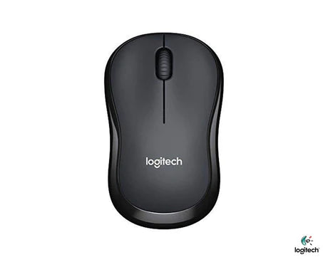 Wireless Logitech B175 mouse with ergonomic design and USB receiver, shown on a sleek surface.