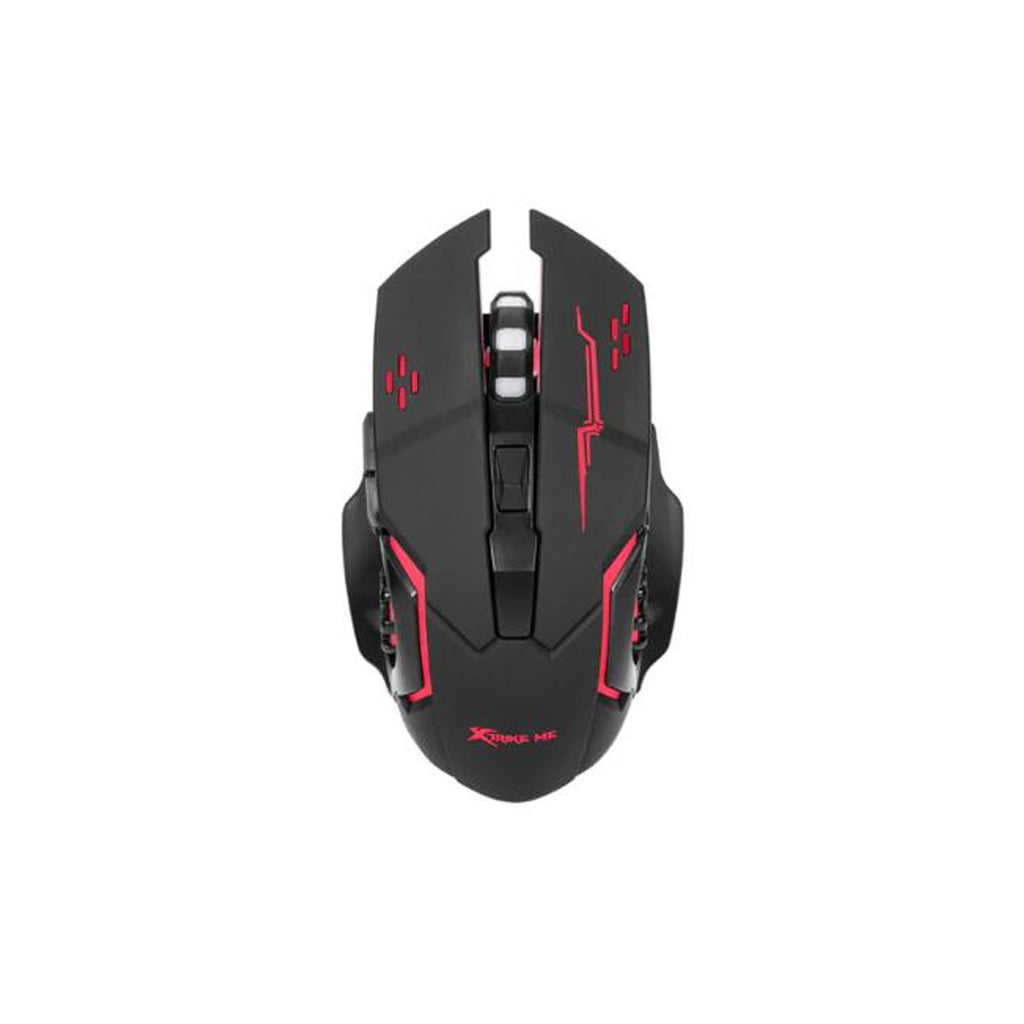 Xtrike Me GW-601 wireless gaming mouse with 6 buttons, 3200 DPI, RGB lighting, rechargeable design, used on a gaming desk