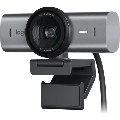 Logitech MX Brio 705 business webcam with 4K resolution, featuring a sleek design and adjustable camera lens.