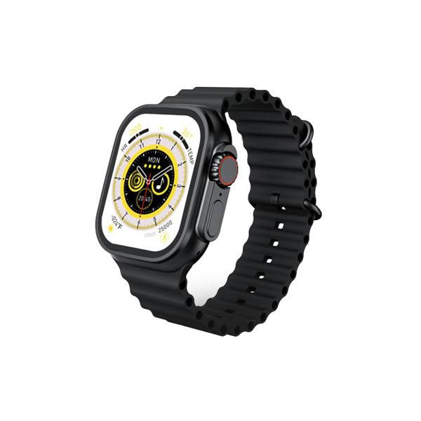 Prime Tech Store 2.2-inch X8 Ultra Max Smart Watch with compass, NFC, always-on display, wireless charging, and Wearfit Pro app in black.