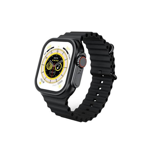 Prime Tech Store 2.2-inch X8 Ultra Max Smart Watch with compass, NFC, always-on display, wireless charging, and Wearfit Pro app in black.