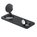 Anker MagGo 3-in-1 wireless foldable charging station in black with phone, smartwatch, and earbuds charging areas.