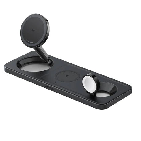 Anker MagGo 3-in-1 wireless foldable charging station in black with phone, smartwatch, and earbuds charging areas.