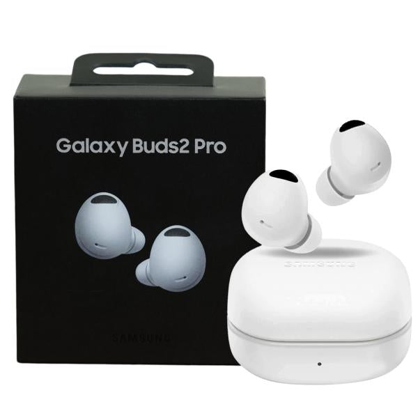 Samsung Galaxy Buds 2 Pro true wireless Bluetooth earbuds in white, shown with charging case on a plain background