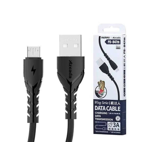 Remax Proda B47m USB A to Micro USB cable connected to electronic device, black cable with plastic connectors.