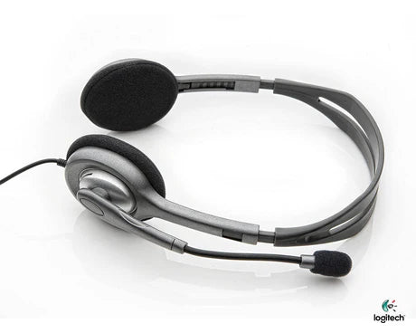 Logitech H110 stereo headset with adjustable headband and cushioned ear cups for comfortable listening and clear audio.