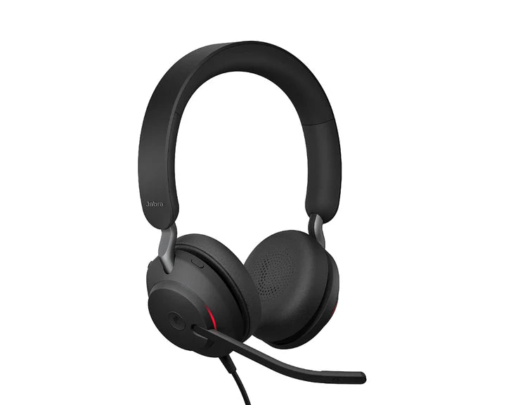 Jabra Evolve2 40 stereo USB headphones with soft ear cushions and adjustable headband, designed for comfortable office use