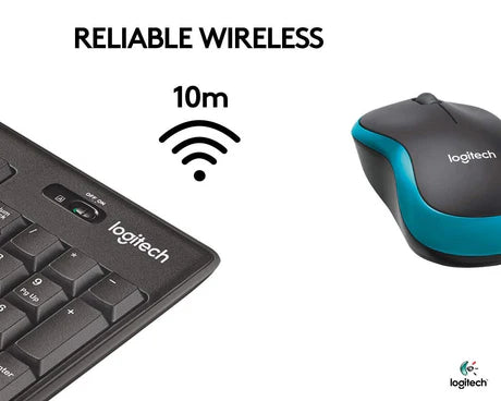 Wireless Logitech MK275 keyboard and mouse combo with black design, compact layout, and ergonomic keys, suitable for home and office use.