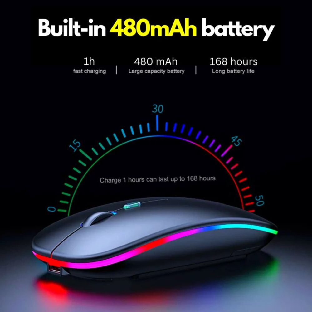 Prime Tech Store Hp W10 wireless RGB Bluetooth slim mouse with rechargeable battery, ergonomic design and colorful lighting.