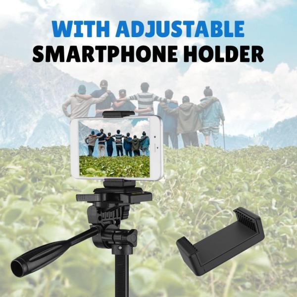 Prime Tech Store 3366 aluminium tripod stand with 55-inch height and mobile phone holder for stable photography and video recording.