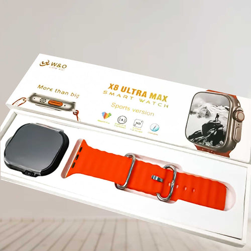 Prime Tech Store 2.2-inch X8 Ultra Max Smart Watch with compass, NFC, always-on display, wireless charging, and orange band.