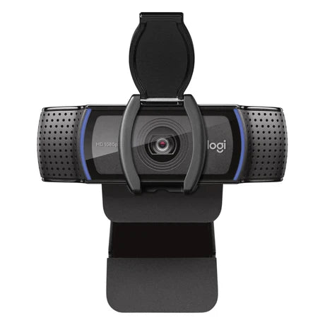 Prime Tech Store Logitech C920e HD webcam showing a sleek black design with built-in microphone and adjustable clip for computers