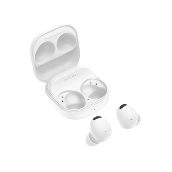 Samsung Galaxy Buds 2 Pro true wireless Bluetooth earbuds in white, showing the sleek design and charging case.