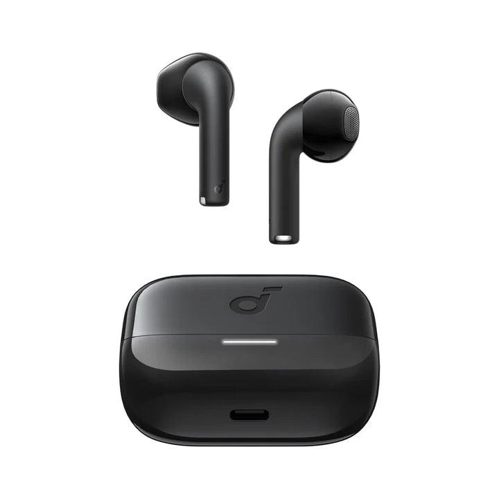 Anker Soundcore K20i TWS Bluetooth earbuds in black with charging case, shown from a side angle, on a white background.