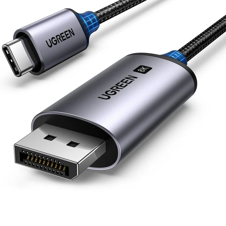 UGREEN CM556 Type C to DisplayPort 8K cable connected to a device, showcasing high-resolution video transmission capability.