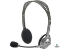 Logitech H110 stereo headset with adjustable headband and in-line microphone for clear audio and comfortable fit.