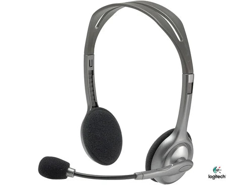 Logitech H110 stereo headset with adjustable headband and in-line microphone for clear audio and comfortable fit.