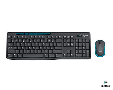 Wireless Logitech MK275 keyboard and mouse combo with black design, compact layout, and multimedia keys on a white background.