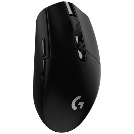 Logitech LightSpeed G305 wireless gaming mouse in black with ergonomic design and customizable buttons.
