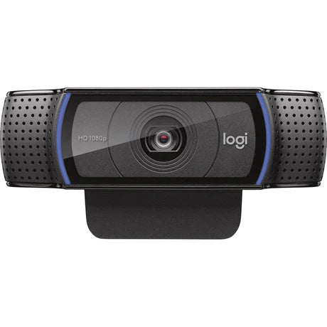 Prime Tech Store Logitech C920e HD webcam showing front view with built-in microphone and adjustable clip for laptops and monitors