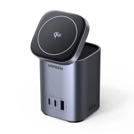 UGREEN X555 Nexode 2-in-1 GaN wireless desktop charger with 65W power, shown on a modern workspace with electronic devices.