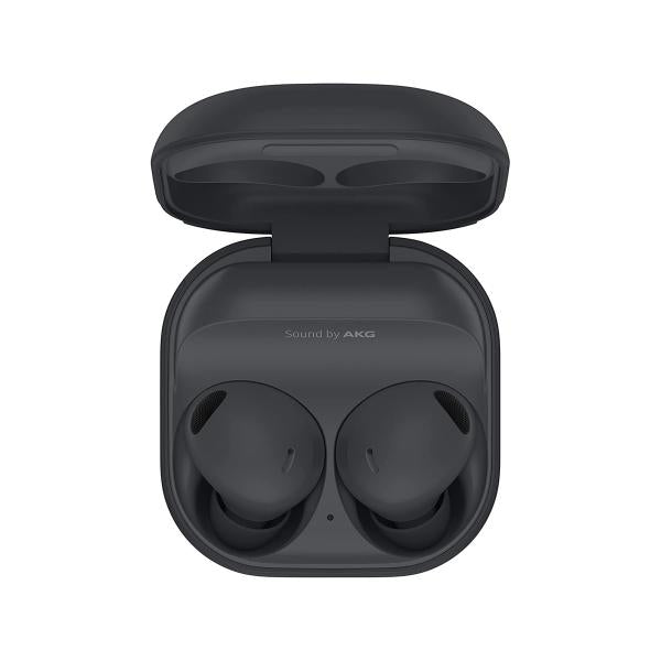 Black Samsung Galaxy Buds 2 Pro true wireless Bluetooth earbuds displayed in their charging case.