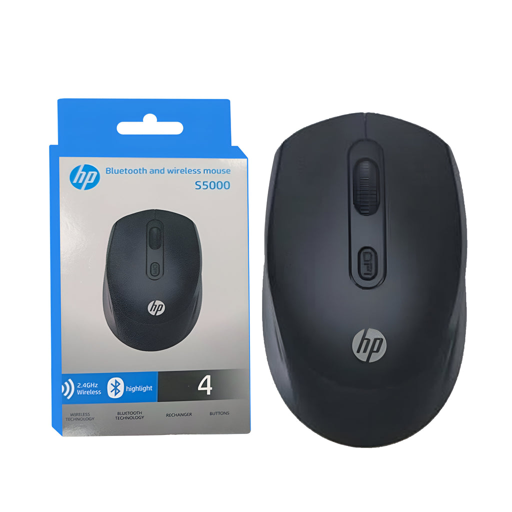 Prime Tech Store Hp S5000 Bluetooth and wireless 2.4GHz mouse with ergonomic design and clickable buttons on a white background.