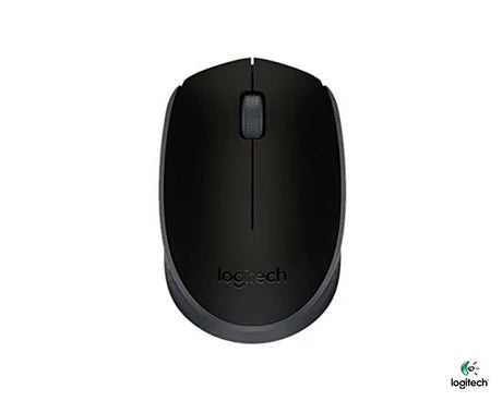 Logitech M171 wireless mouse in black, with compact design and scroll wheel, on a neutral background.