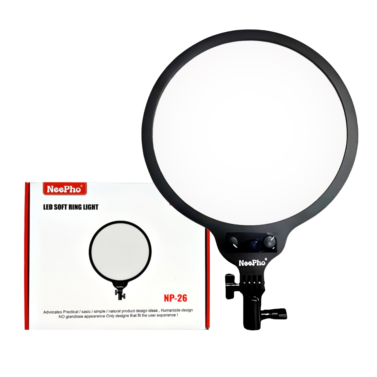 Prime Tech Store Neepho 26cm LED soft ring light with 360° rotating pan tilt for professional photography and video lighting.
