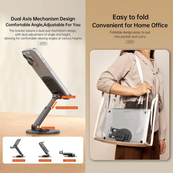 Aspor A701 foldable desktop stand holding mobile phone and tablet, lightweight and adjustable for hands-free viewing.
