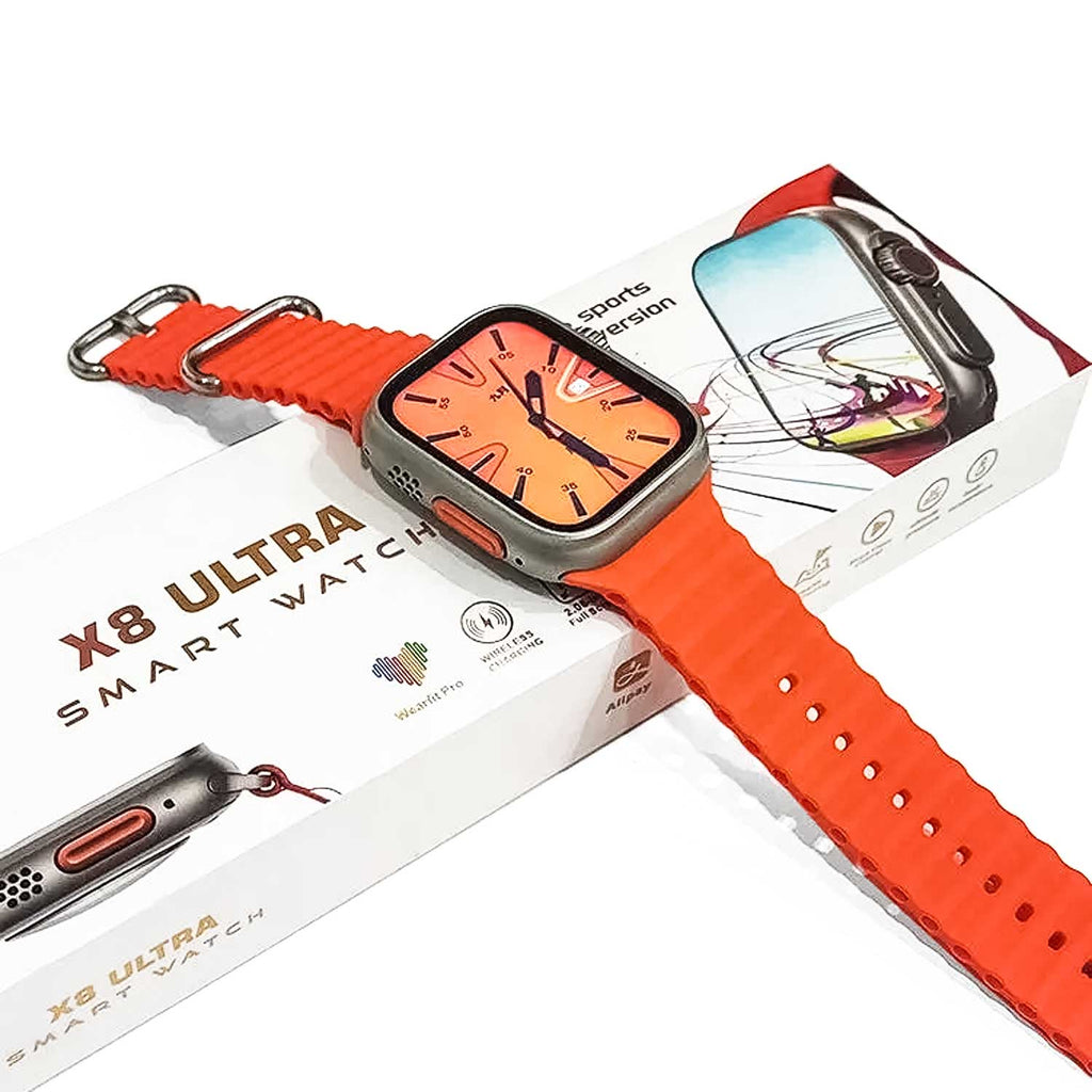 Prime Tech Store X8 Ultra Smartwatch 49mm with Bluetooth calling and orange strap, showing a digital display and Wearfit Pro app.