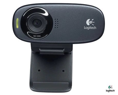 Prime Tech Store Logitech C310 HD webcam showing a sleek black design with a built-in microphone and adjustable clip.