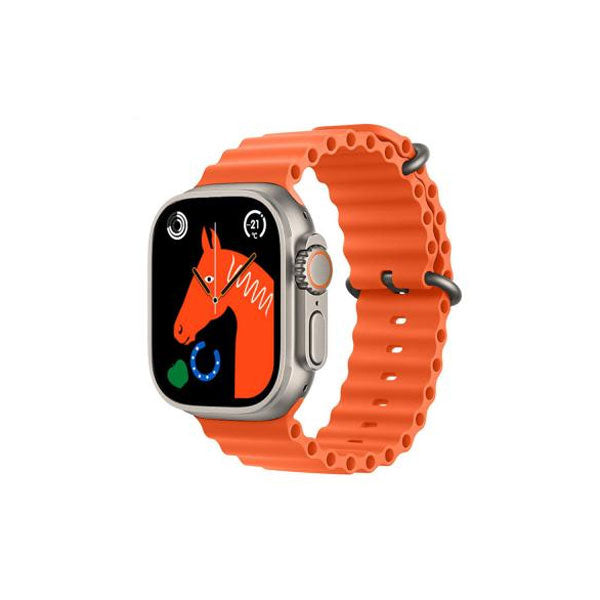 Prime Tech Store X8 Ultra Smart Watch 49mm with orange band, Bluetooth calling, and Wearfit Pro app display showing time and fitness data.