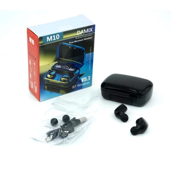 Wireless AirPods Bluetooth earphones with noise cancellation and Hi-Fi sound quality, shown in a sleek black design.
